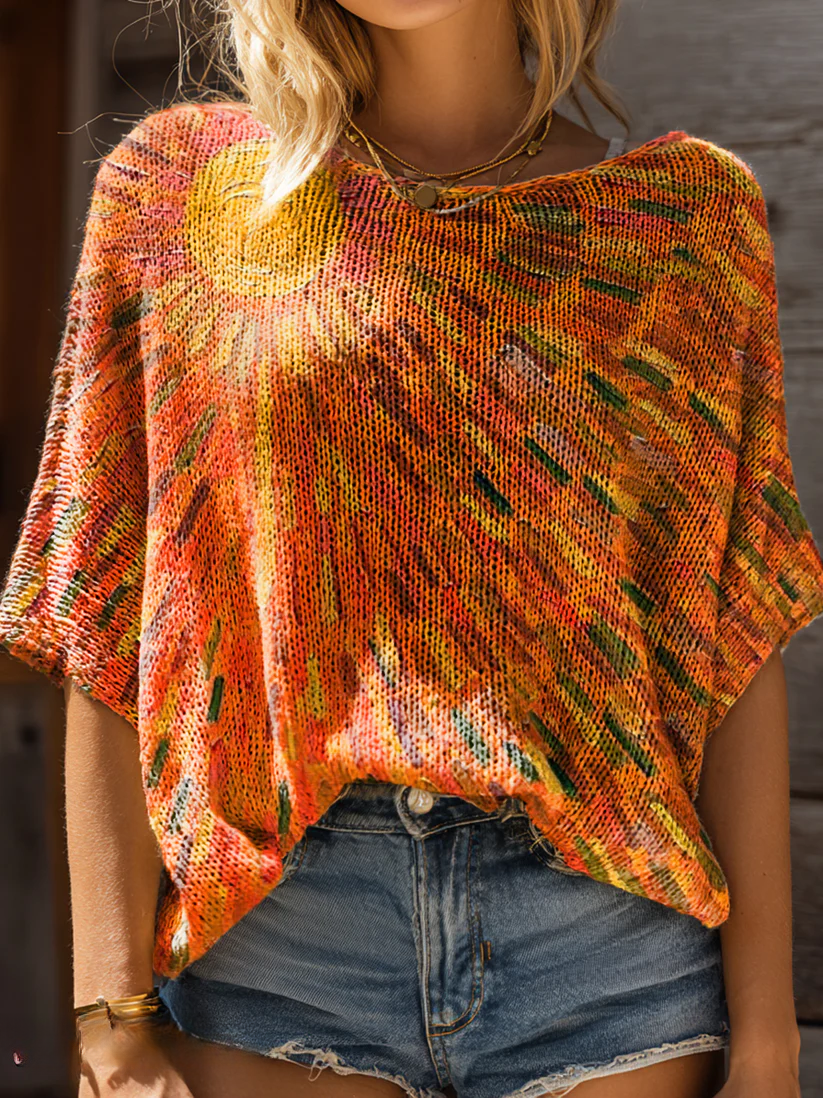 Women's Colorful Sun Art Pattern Print Casual Pullover Sweater