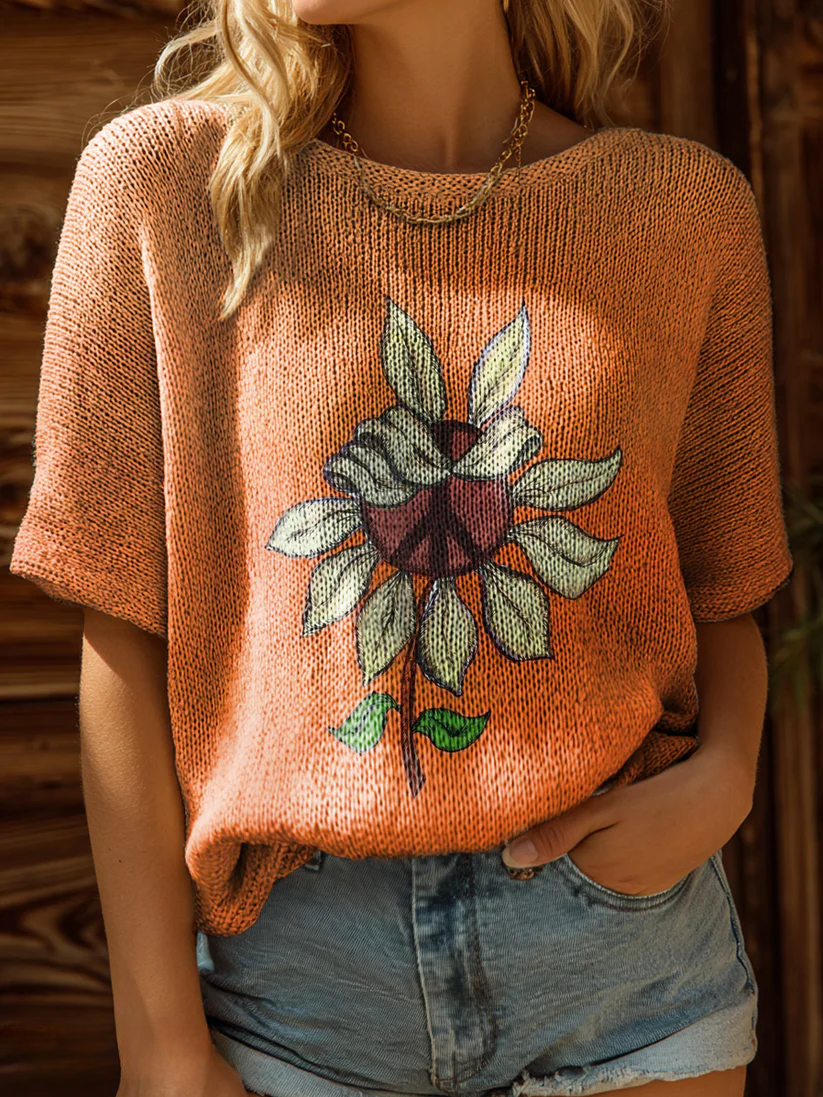 Women's Hippie Floral Art Print Casual Crew Neck Short Sleeve Knitted Sweater