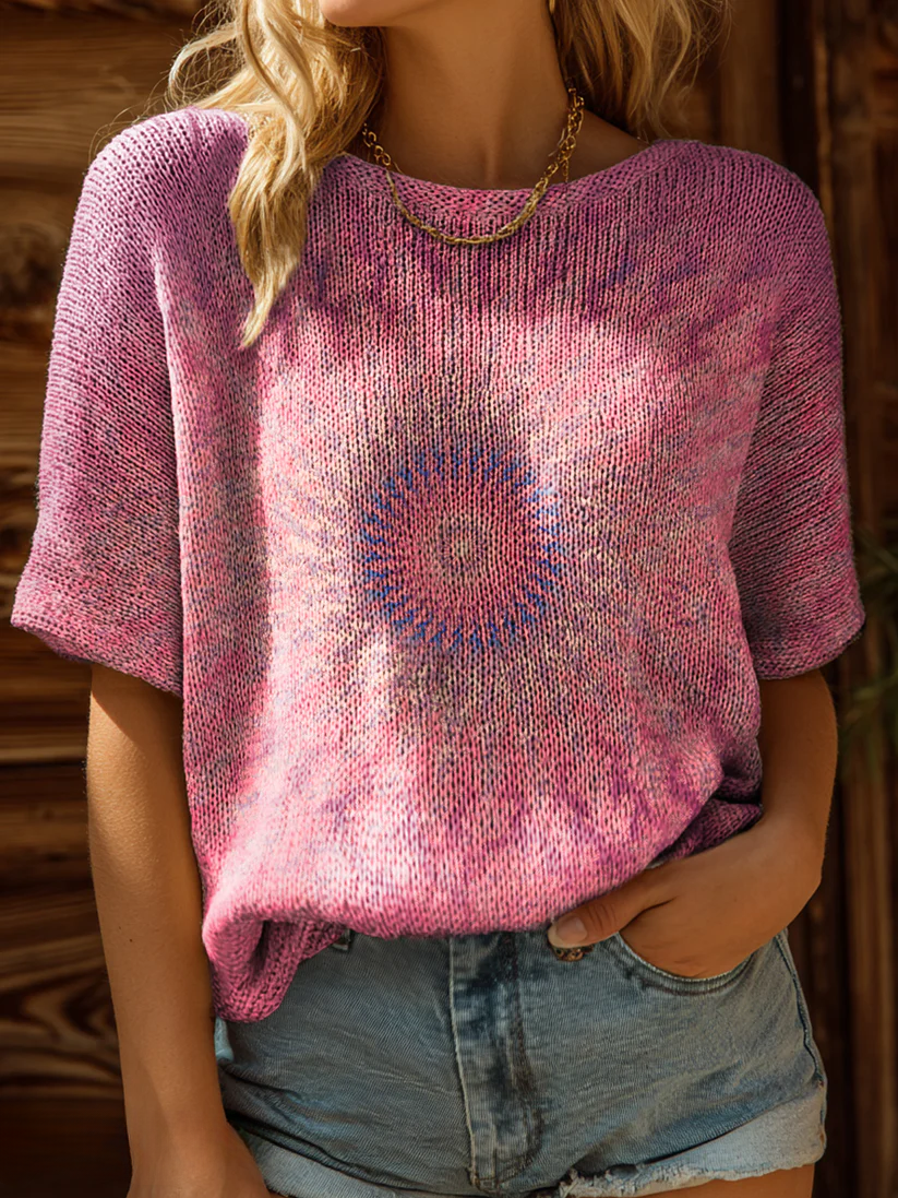 Women's Kaleidoscope Tie Dye Art Print Casual Crew Neck Short Sleeve Knitted Sweater