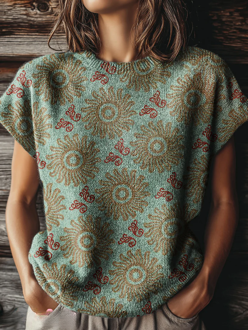 Women's Retro Ethnic Bohemian Floral Art Print Casual Crew Neck Short Sleeve Knitted Sweater