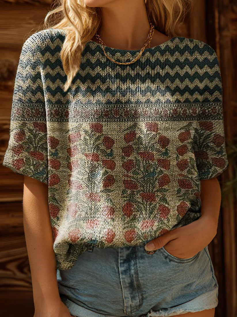 Women's Vintage Bohemian Floral Art Print Casual Crew Neck Short Sleeve Knitted Sweater