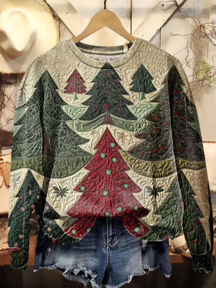 Women's Vintage Christmas Tree Textured Print Casual Sweatshirt