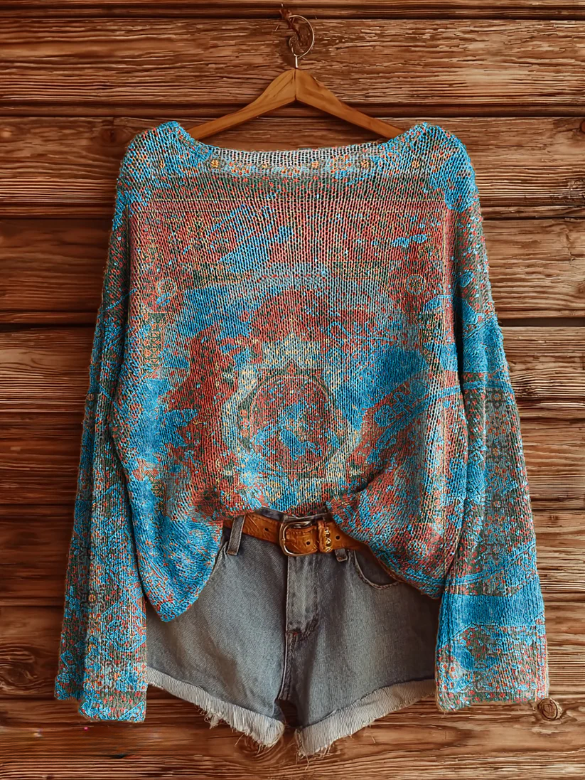 Women's Vintage Ethnic Floral Art Print Casual Pullover Sweater