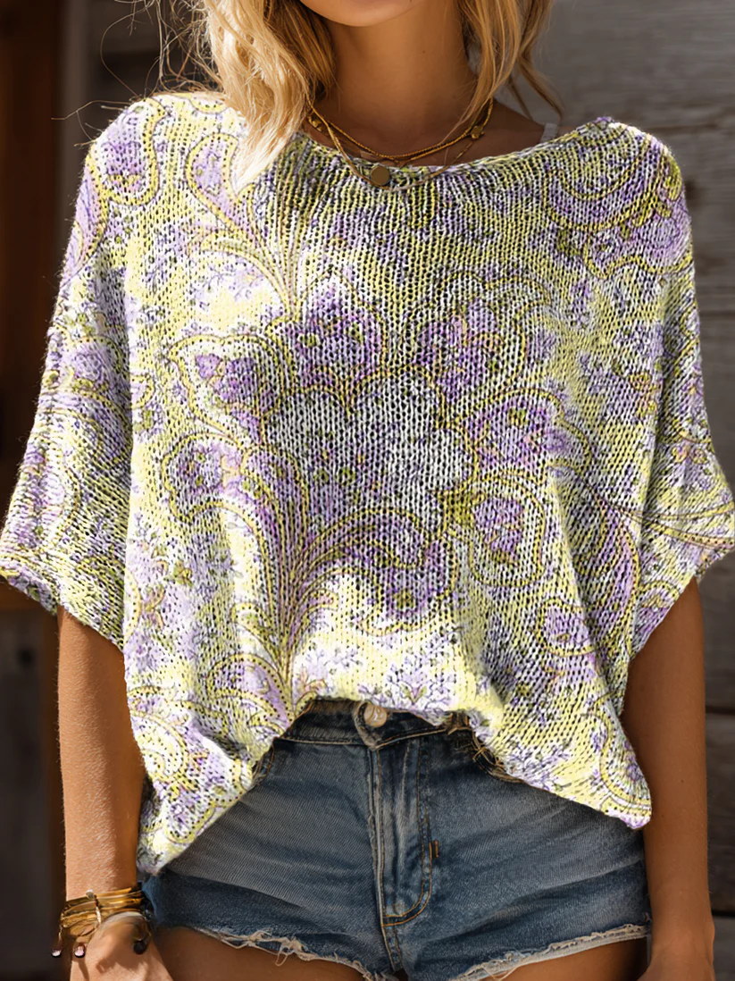 Women's Vintage Ethnic Floral Art Print Casual Short Sleeves Pullover Sweater