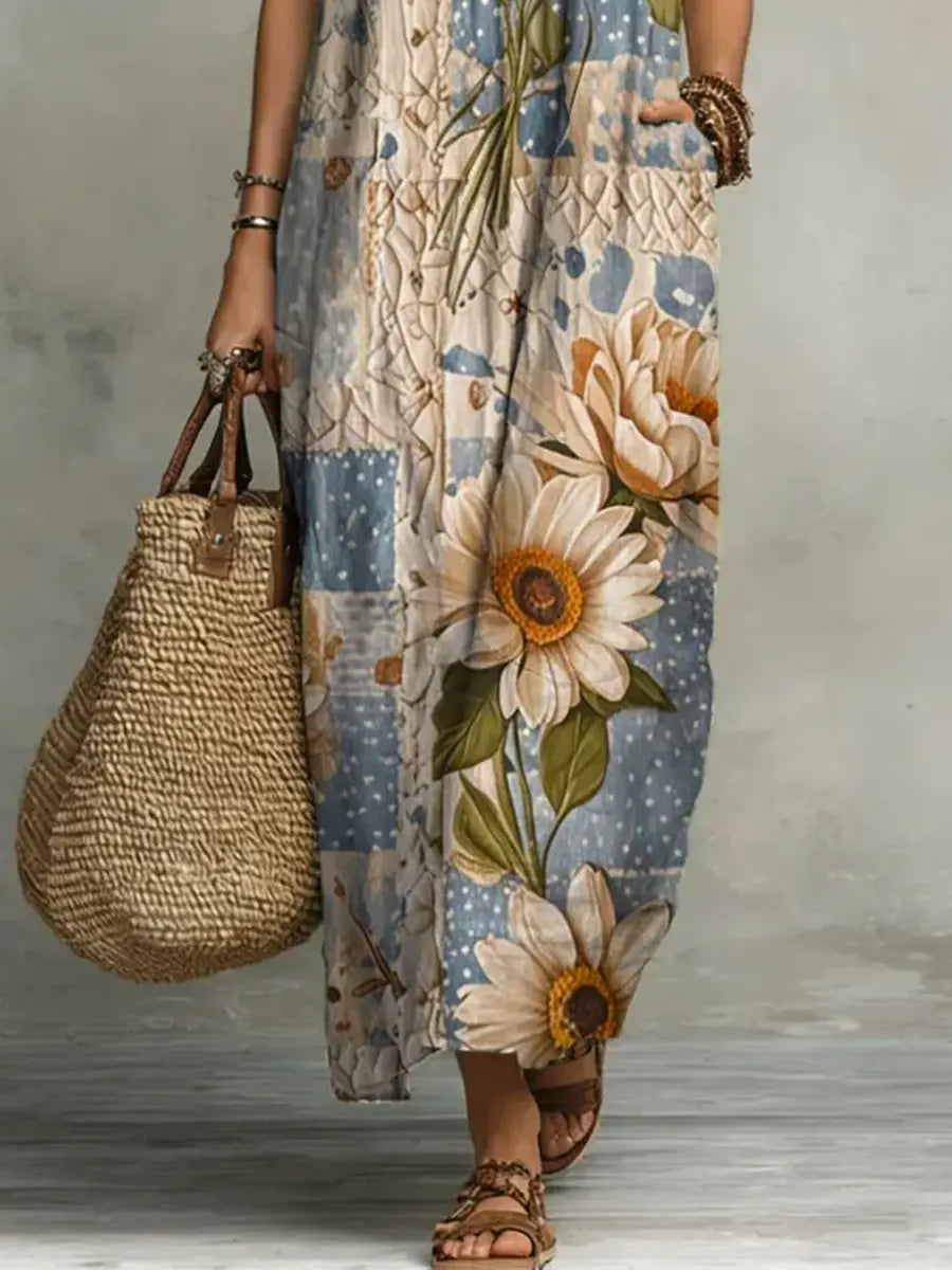 Women's Retro Floral Pattern Art Print Casual Ruffled Stylish Cotton Linen Dress