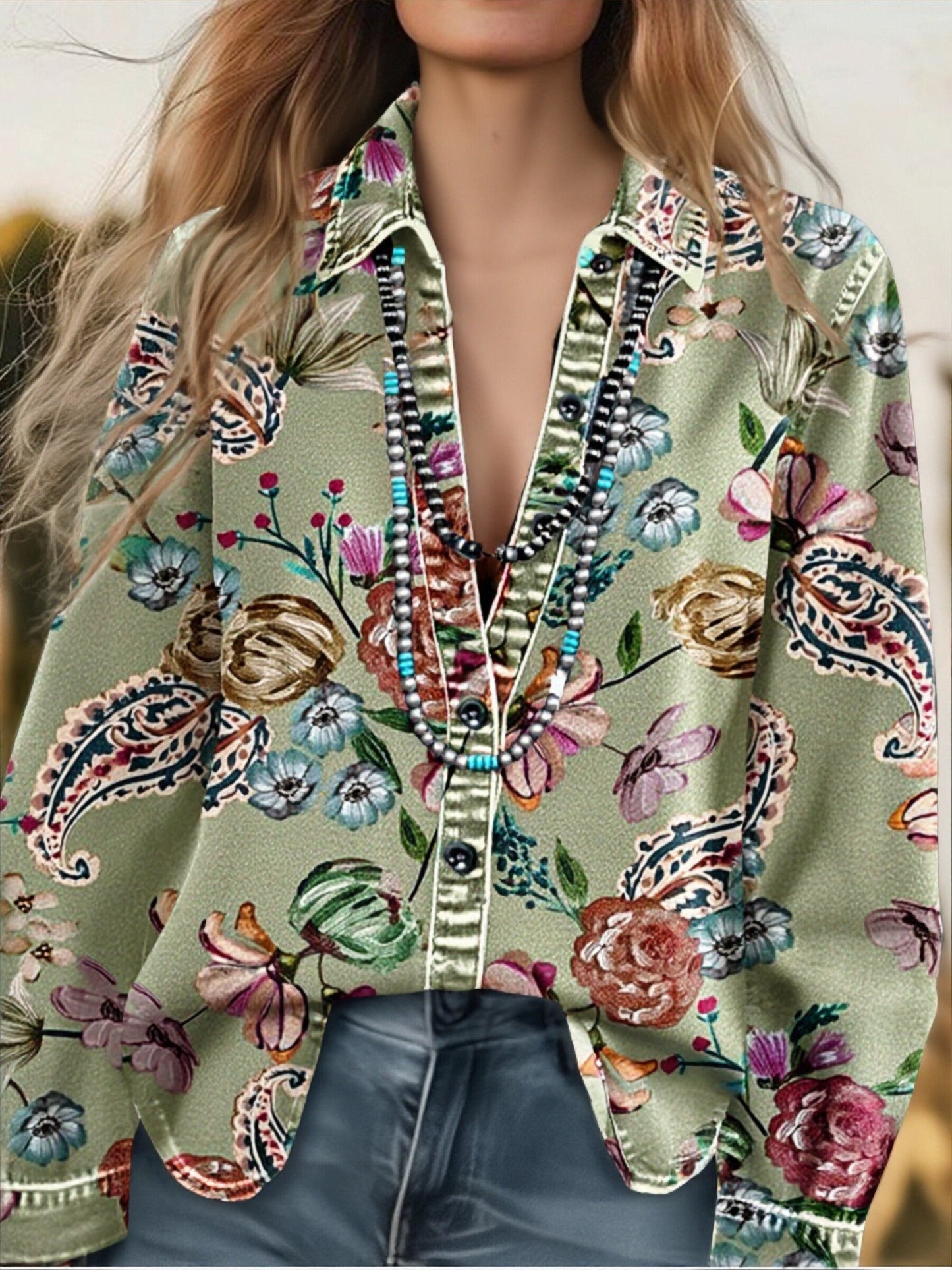 Paisley Floral Print Collared Long Sleeve Top