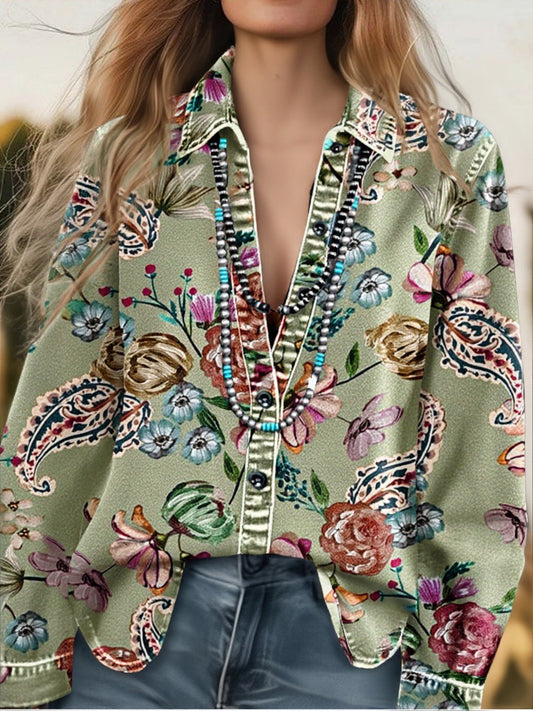 Paisley Floral Print Collared Long Sleeve Top
