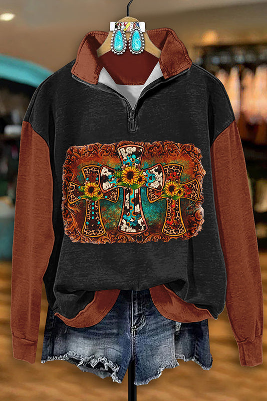 Retro Western Cross Print Zip-Up Sweatshirt