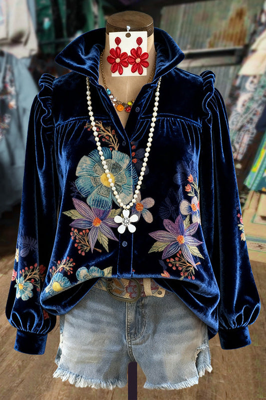 Vintage Floral Print Collared Velvet Top