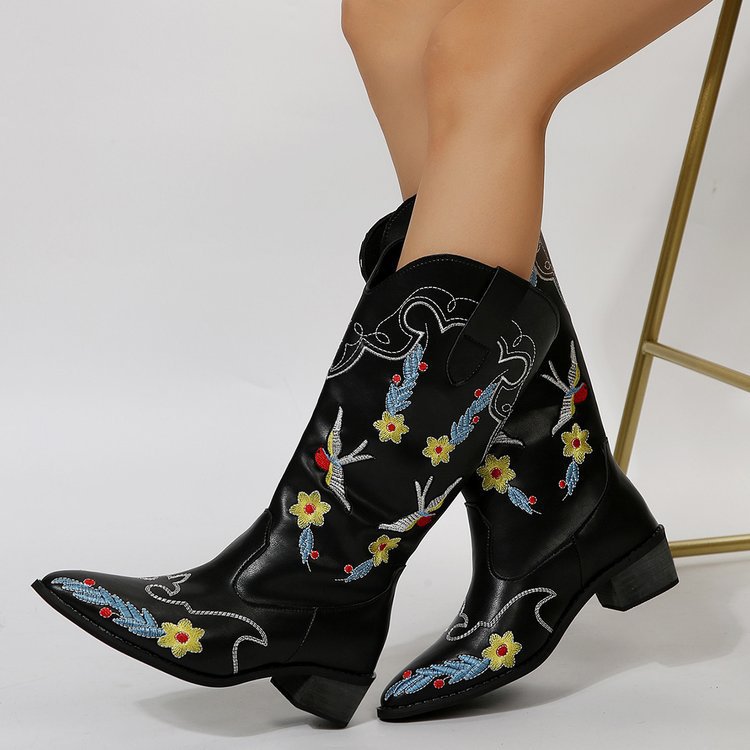 Womens Cowboy Flower Embroidery Casual High Western Boots