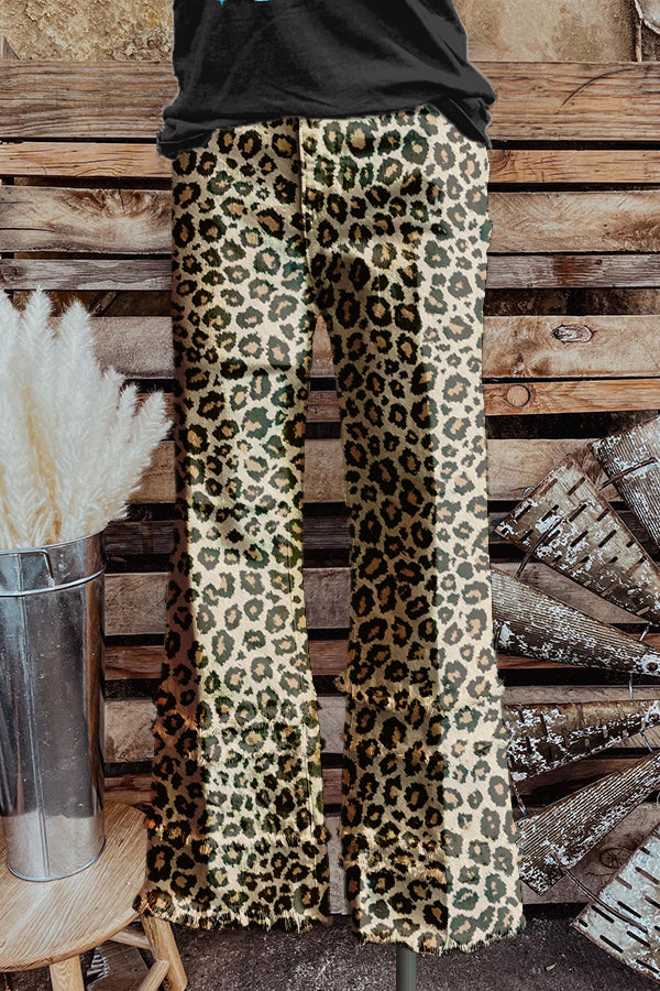 Wild Leopard Print Fringed Hem Pants