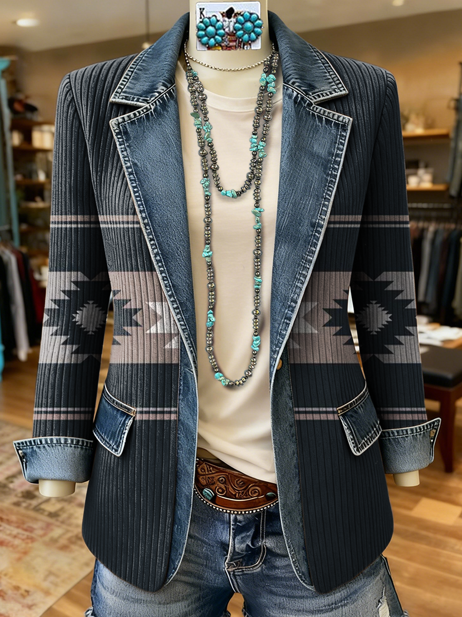 Vintage Aztec Art Print Patchwork Denim Sweater Cardigan Coat