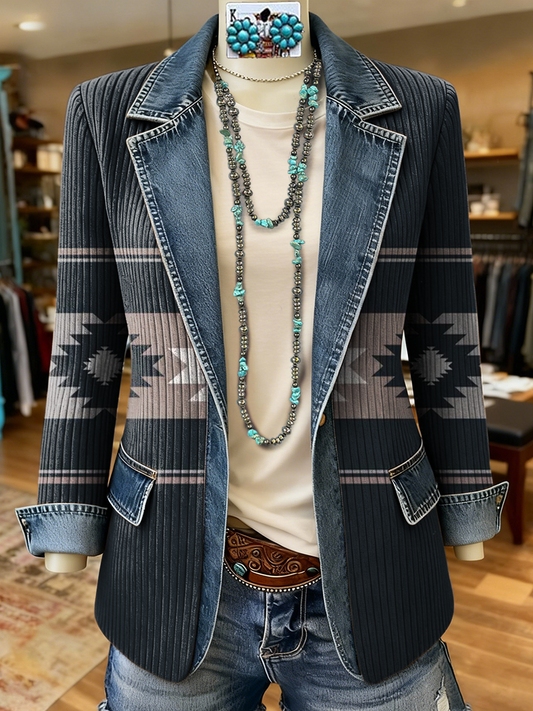 Vintage Aztec Art Print Patchwork Denim Sweater Cardigan Coat