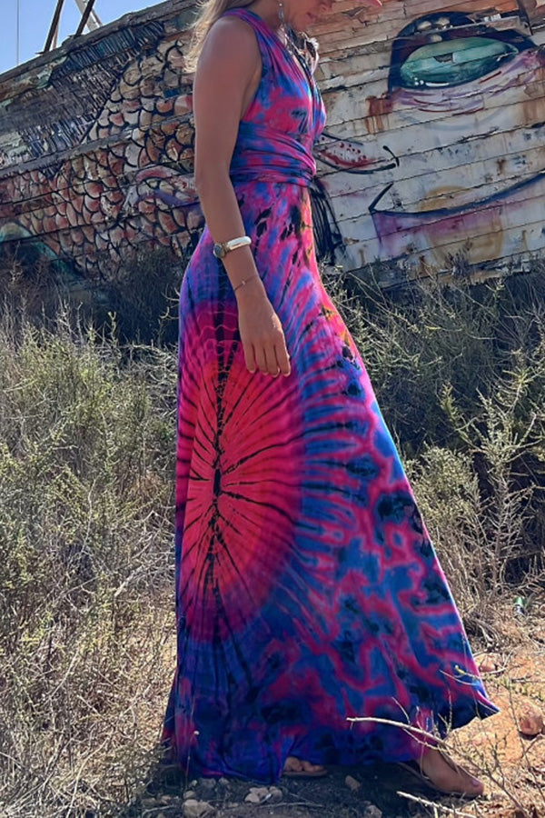 Generate Joy Tie-dye Print V-neck Cross Back Straps Stretch Maxi Dress