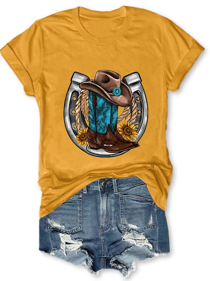 Women's Turquoise Western Boots Print Short Sleeve T-Shirt