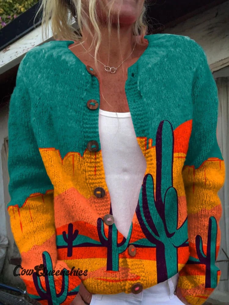 Retro Leather Embossing Pattern Print Buttoned Cardigan Sweater