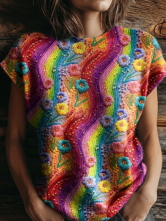 Women's Rainbow Hippie Floral Print Casual Crew Neck Short Sleeve Knitted Sweater