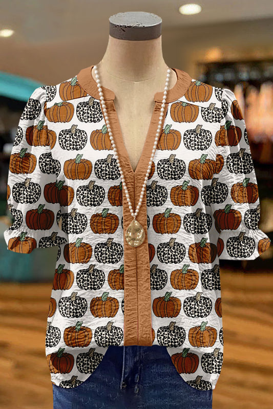 Halloween Cute Pumpkin Print Puff Sleeve Top