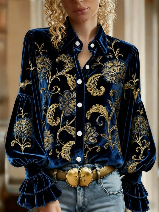 Vintage Floral Print Velvet Top