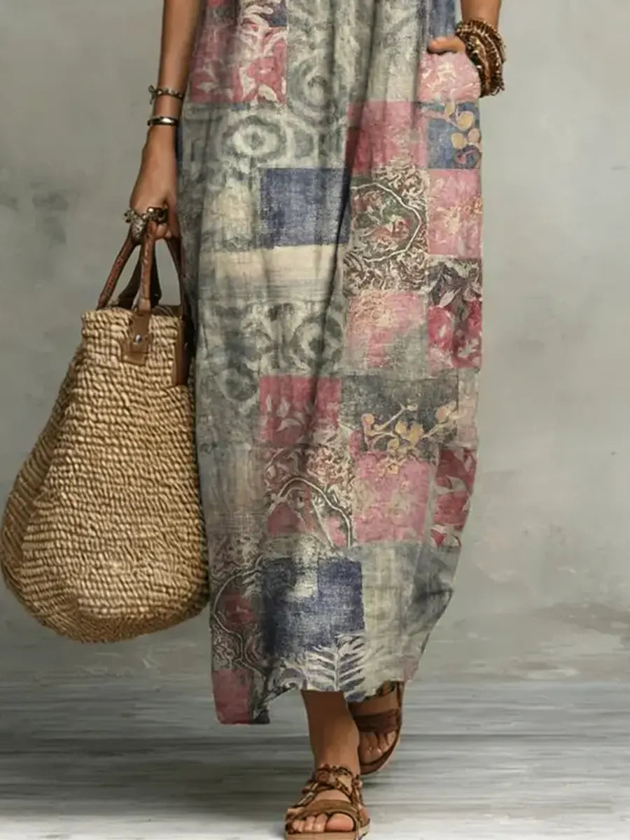 Women's Retro Floral Pattern Art Print Casual Ruffled Stylish Cotton Linen Dress