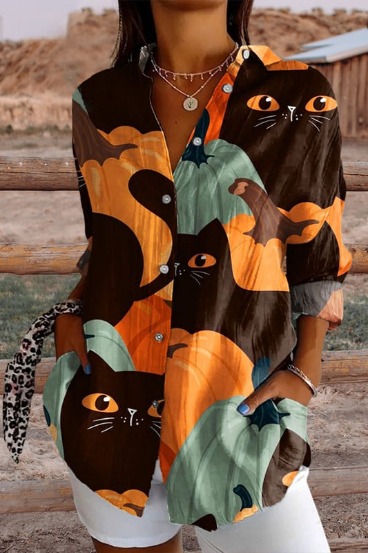 Women's Halloween Cat Art Print Shirt