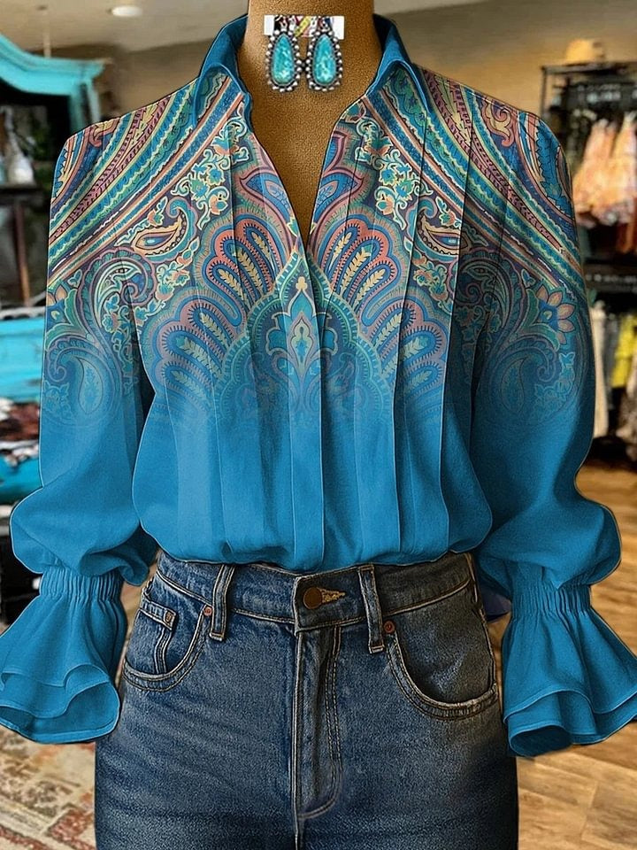 Vintage Paisley Print Casual  Cotton And Linen Shirt