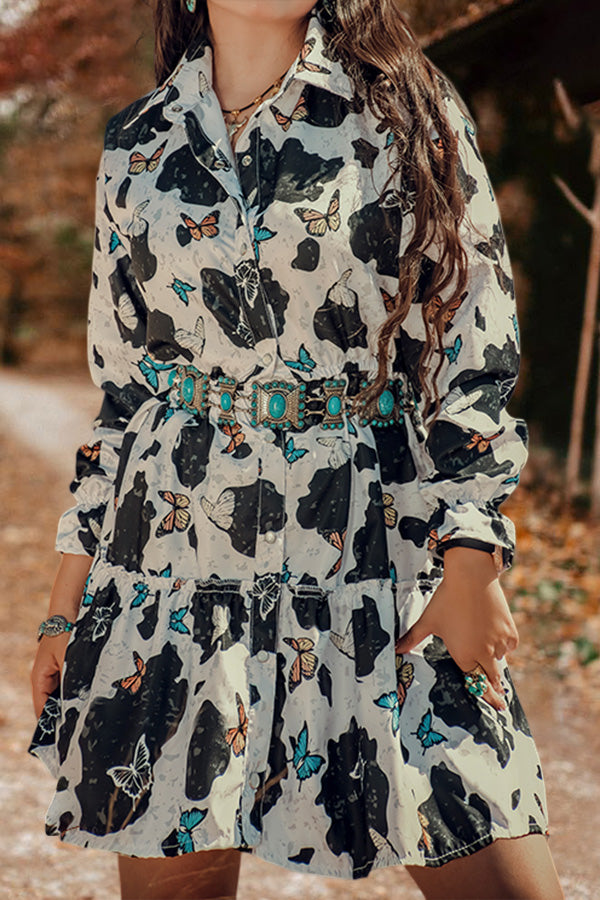 Vintage Butterfly Print Shirt Dress