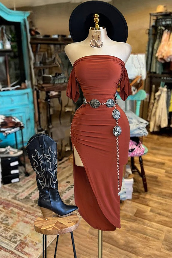 Solid Color Off-shoulder Slit Midi Dress