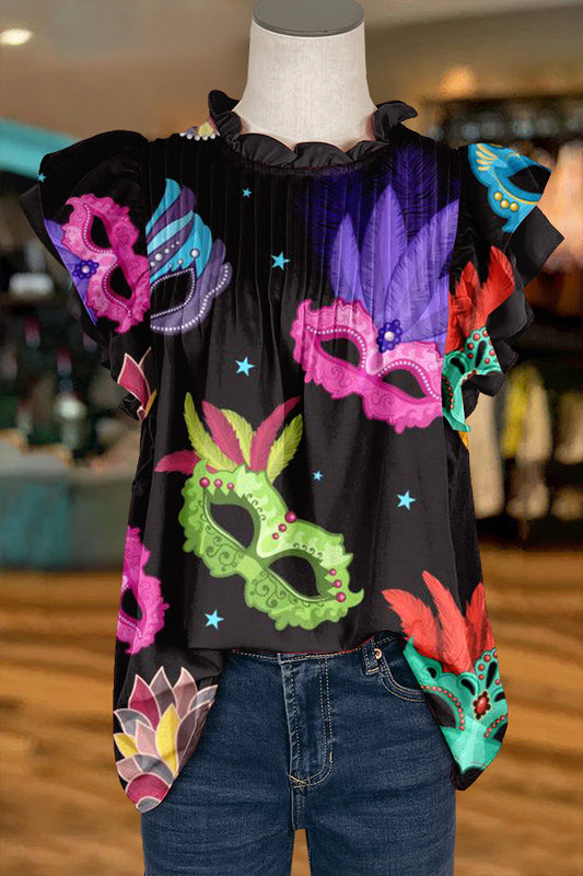 Chic Mardi Gras Ruffled Sleeve Paneled Pleated Blouse