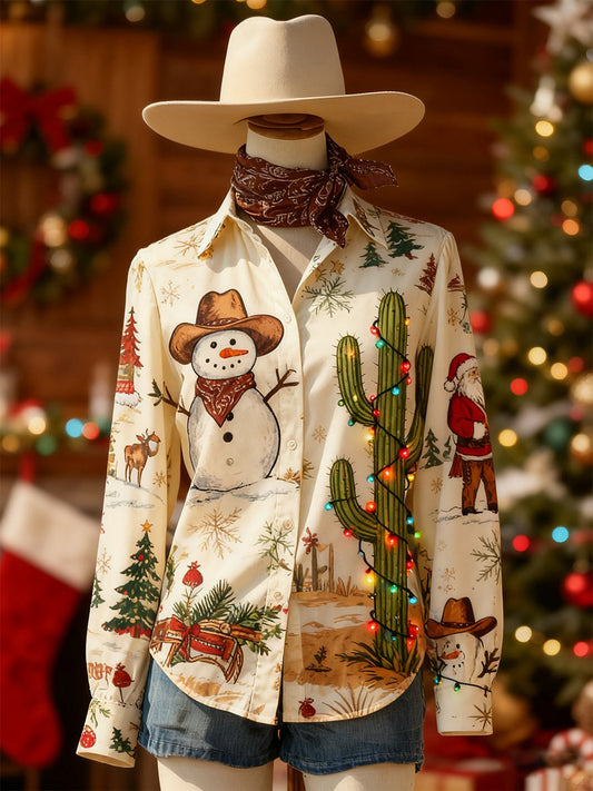 Women's Retro Casual Chirstmas Western Slim Waist Long Sleeve Shirt