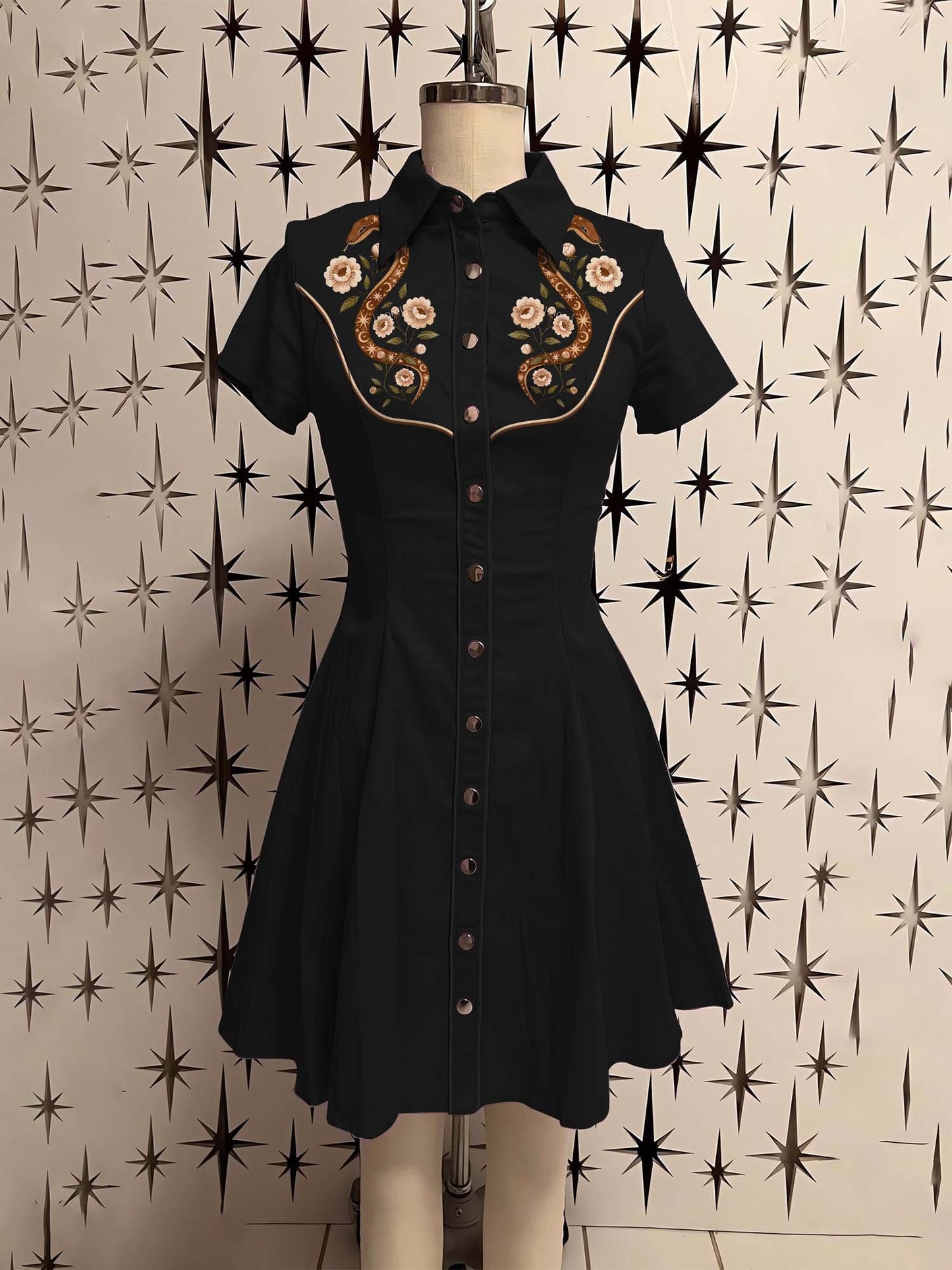 Western Snake And Flower Printed Shirt Dress