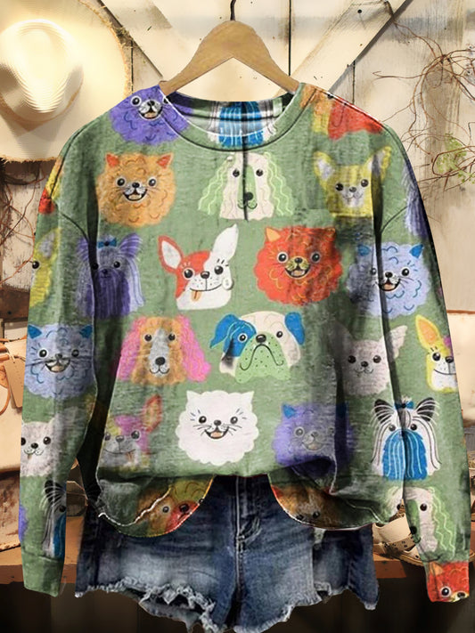 Long-sleeved Sweatshirt with Artistic Prints of Puppies and Kittens