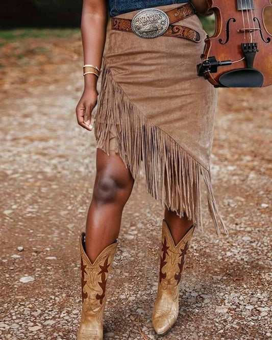 Retro Fringe Hem Irregular Suede Skirt