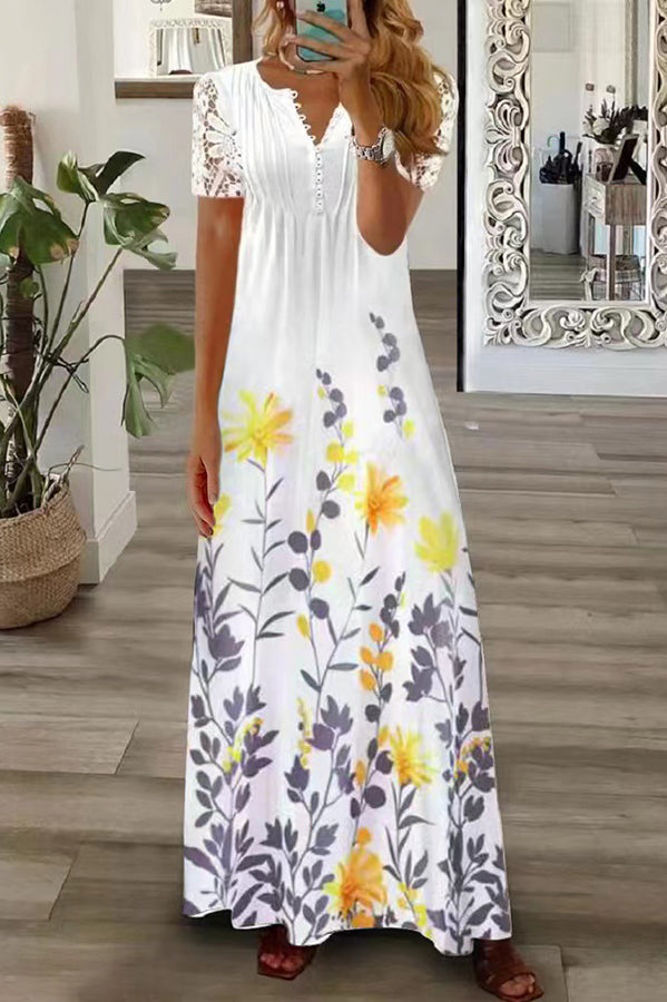 Boho Floral V Neck Button Lace Sleeve Holiday Beach Maxi Dress