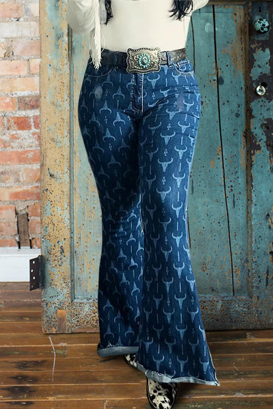 Casual Printed Denim Flared Pants