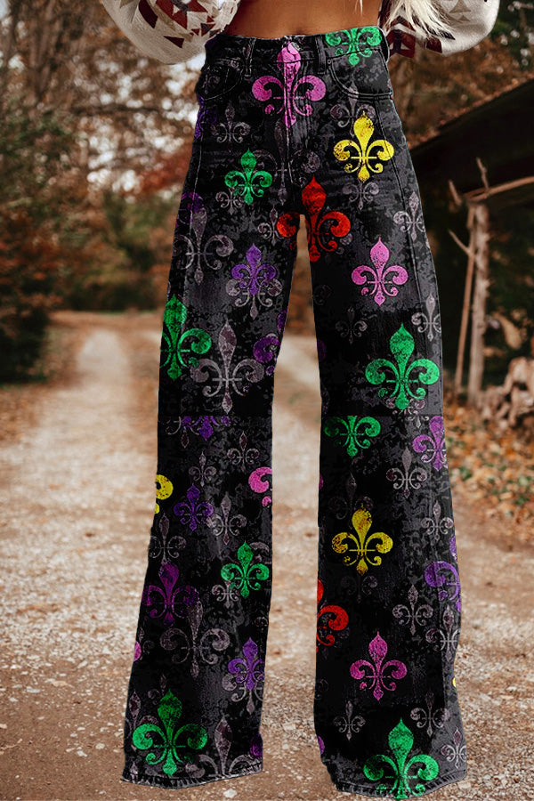 Vintage Mardi Gras Print Wide Leg Trousers