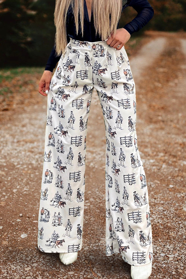 Retro Western Life Printed Wide Leg Pants