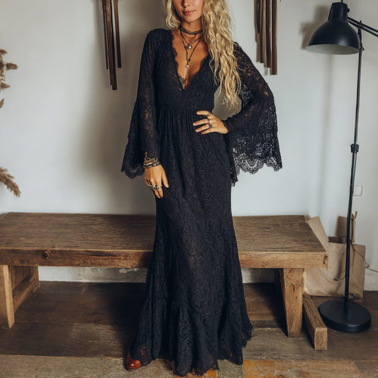 Elegant V-neck Sheer High-waisted Lace Flared Long-sleeved Dress