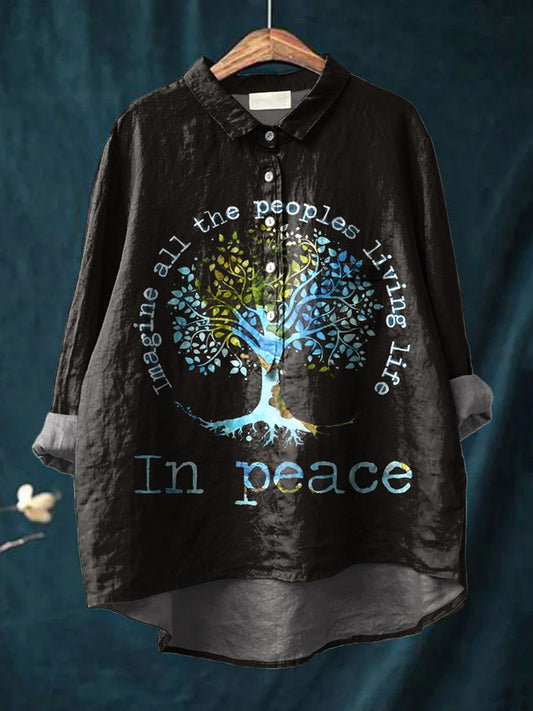 Imagine All The People Living Life In Peace Art Print Casual Cotton And Linen Shirt