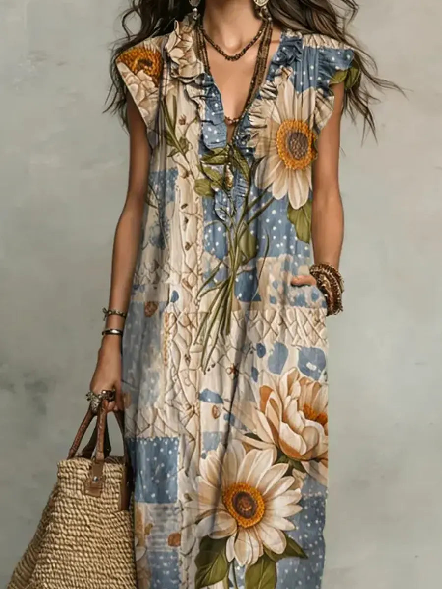 Women's Retro Floral Pattern Art Print Casual Ruffled Stylish Cotton Linen Dress