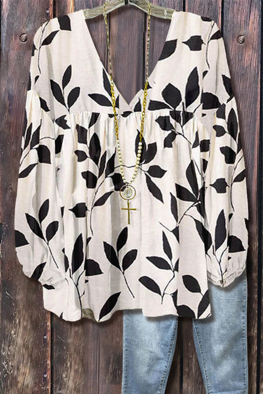 Leaf Print V-Neck Long Sleeve Top