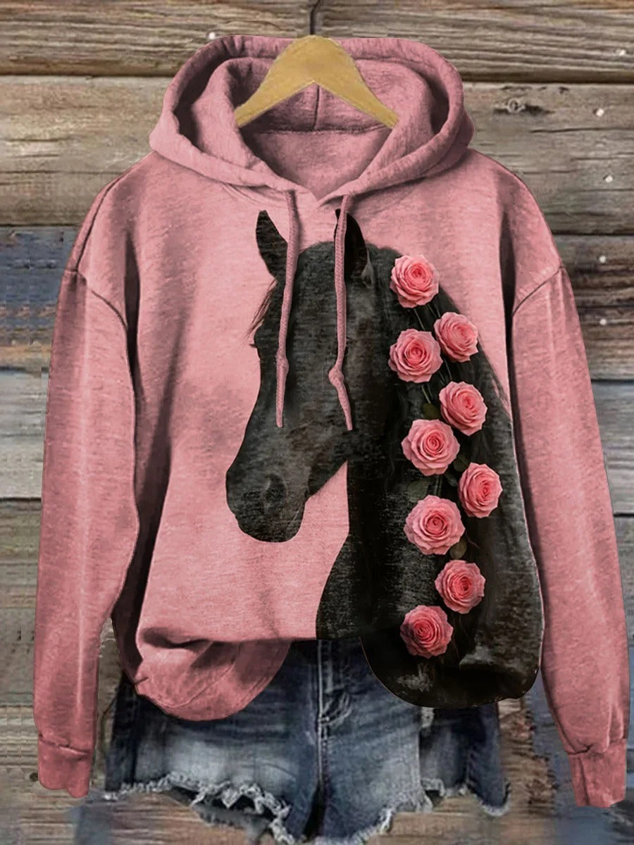 Women's Vintage Art Horse Print Casual  Cotton And Linen Shirt