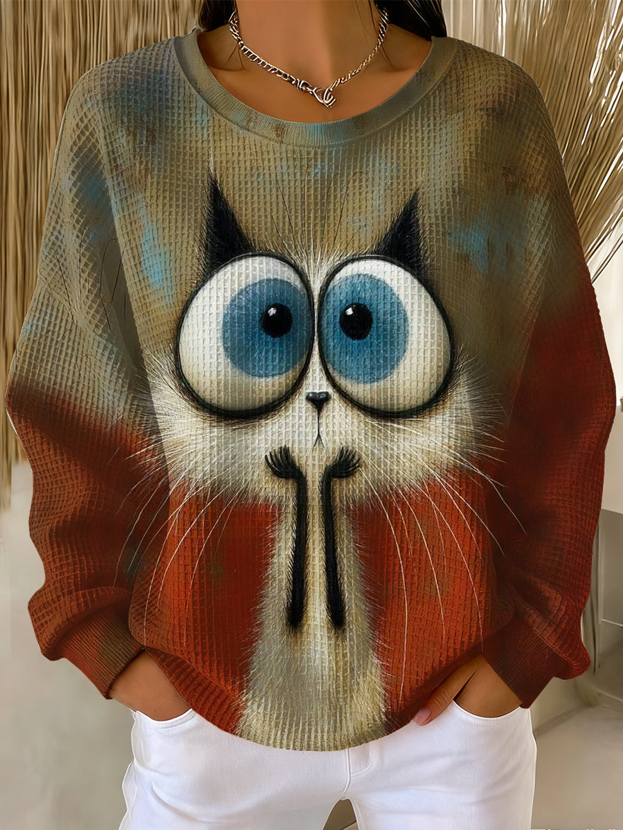 Vintage Cat Art Print Crew Neck Sweatshirt