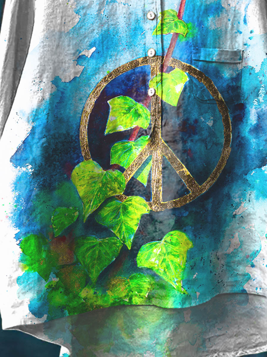 Women's Watercolor Peace Art Pattern Print Casual Cotton And Linen Shirt