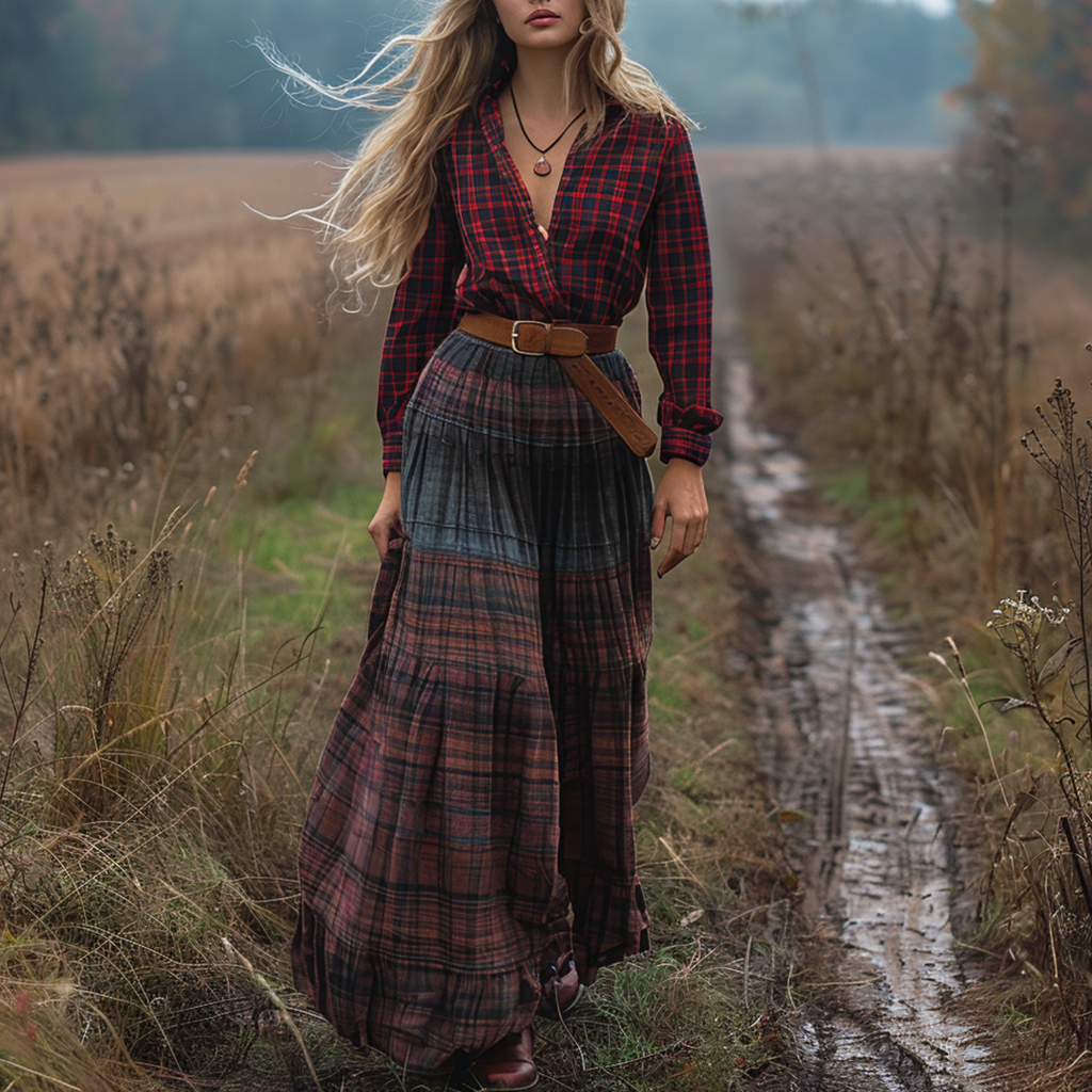 Retro V-neck Plaid Women's Long-sleeved Long Skirt Country Pastoral Retro Dress