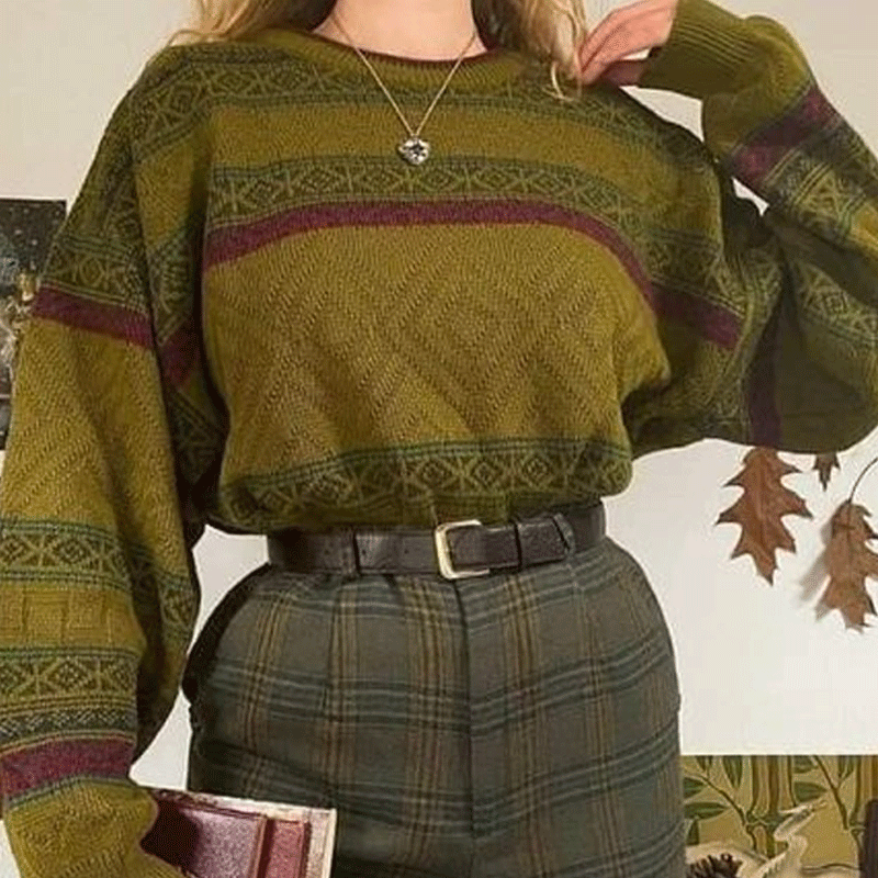 Women's Vintage Geometric Pattern Striped Ethnic Style Print Round Neck Oversize Olive Green Sweatshirt