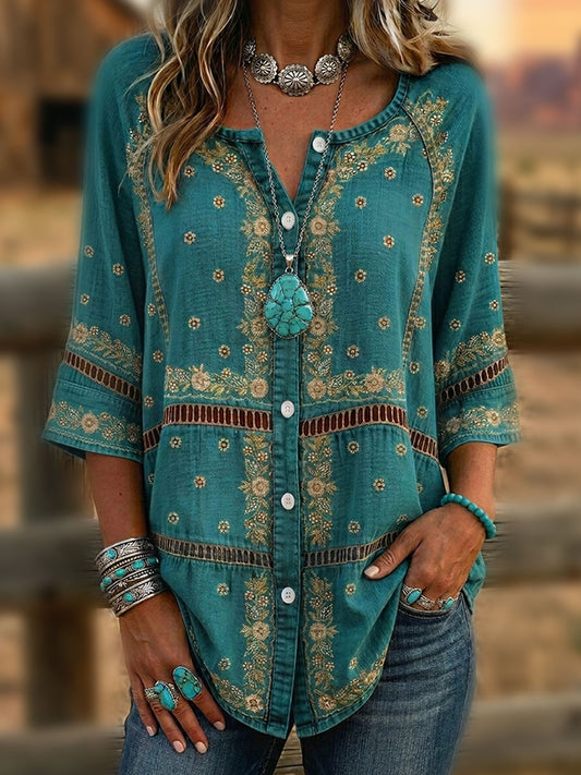 Vintage Floral Print Casual 3/4 Sleeves Hollow Denim Shirt