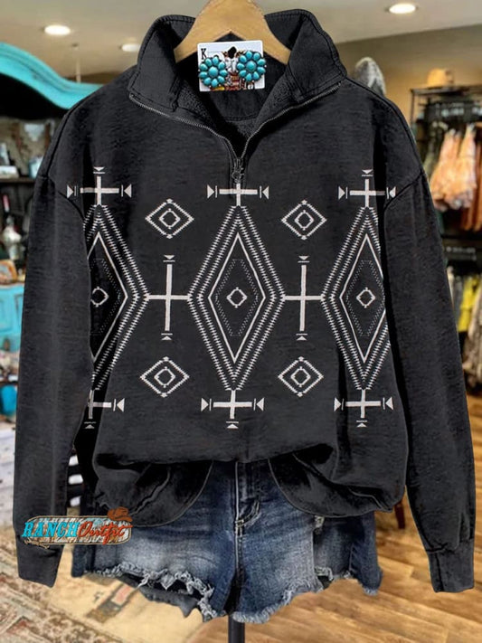 Vintage Print Casual Long Sleeve Zip Sweatshirt