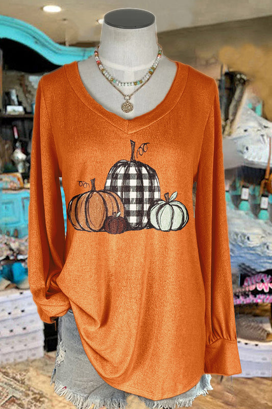 Orange Halloween Pumpkin V-neck Long-sleeved Top