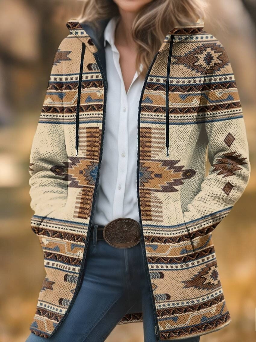 Retro Colorful Aztec Unisex Plush Thick Long-sleeved Cardigan Coat